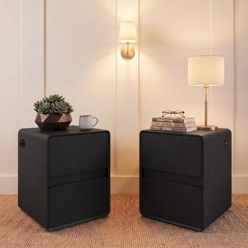 Modern Leather Nightstands Set of 2, Solid Wood Bedside Table with 2 Drawers & USB Charging Station, Preassembled End Table Small Nightstand for Bedroom Living Room Office, Black - color: Black, size: 16"