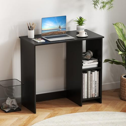 Tangkula Small Desk with Shelves, Compact Desk for Small Space, Study Writing Table with 2 Tier Shelves, Modern Simple Style Laptop PC Table (Black) - color: Black