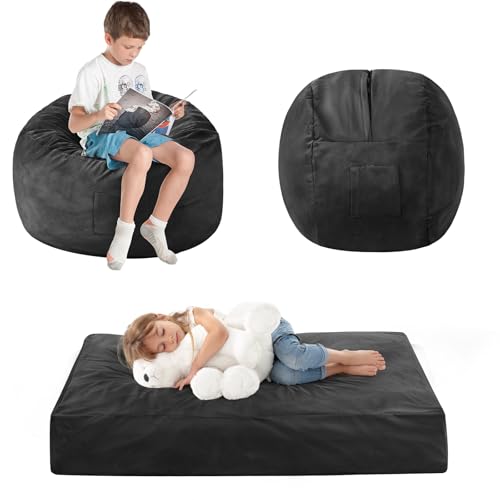 Bean Bag Chairs for Kids- Small Bean Bag Convertible Floor Sofa | 3 IN 1 Lounger Couch Sofa, Memory Foam Filling, Removable Velvet Cover, Machine Washable, Classroom Reading Nook Black - color: Carbon Black, size: Small