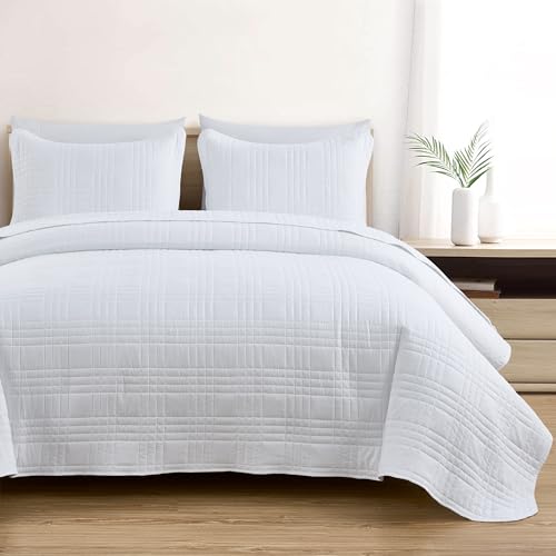 Chezmoi Collection Kingston Queen Size Bedspread Set, 3-Piece White Oversized Quilted Microfiber Lightweight Bedspread Coverlet (100"x106") for All Seasons - color: White, size: Queen