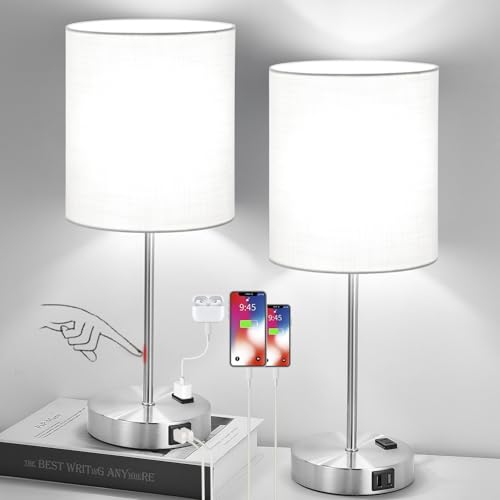 Lynnoland Set of 2 Touch White Table Lamps with 2 USB Ports & AC Outlet, 3-Way Dimmable Bedside Nightstand Lamps for Bedroom Living Room Nursery, 800 Lumens 5000K Daylight Bulbs Included - color: (2 Pack)White & Brushed Nickel(Base)-5000K Bulbs Included