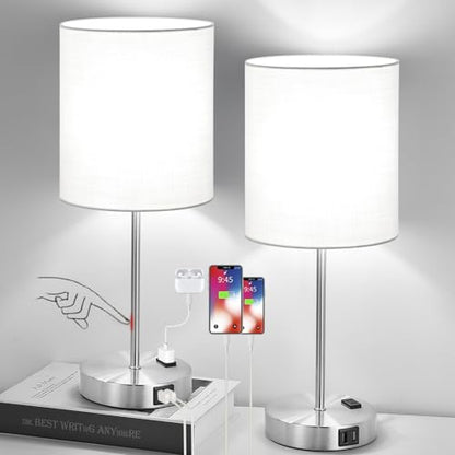 Lynnoland Set of 2 Touch White Table Lamps with 2 USB Ports & AC Outlet, 3-Way Dimmable Bedside Nightstand Lamps for Bedroom Living Room Nursery, 800 Lumens 5000K Daylight Bulbs Included - color: (2 Pack)White & Brushed Nickel(Base)-5000K Bulbs Included
