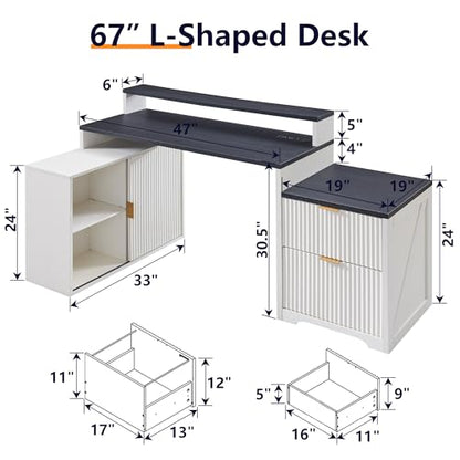 Modern L Shaped Desk with Storage Cabinet & Drawers, Wood Home Office Desk with Power Outlets, Fluted Computer Writing Desk - color: Antique White, size: 33"D x 67"W x 35.5"H