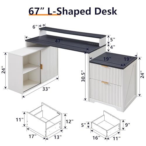 Modern L Shaped Desk with Storage Cabinet & Drawers, Wood Home Office Desk with Power Outlets, Fluted Computer Writing Desk - color: Antique White, size: 33"D x 67"W x 35.5"H