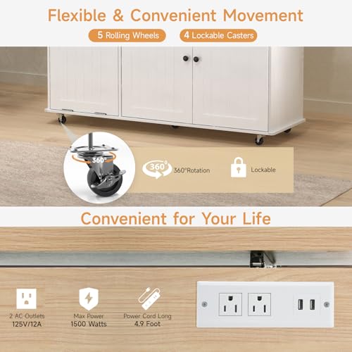 60" Kitchen Island with Power Outlet & Drop Leaf, Rolling Island with Spice Rack & Towel Rack, Kitchen Island Cart with Trash Storage Cabinet, Island Table for Kitchen, White - color: White