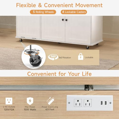 60" Kitchen Island with Power Outlet & Drop Leaf, Rolling Island with Spice Rack & Towel Rack, Kitchen Island Cart with Trash Storage Cabinet, Island Table for Kitchen, White - color: White