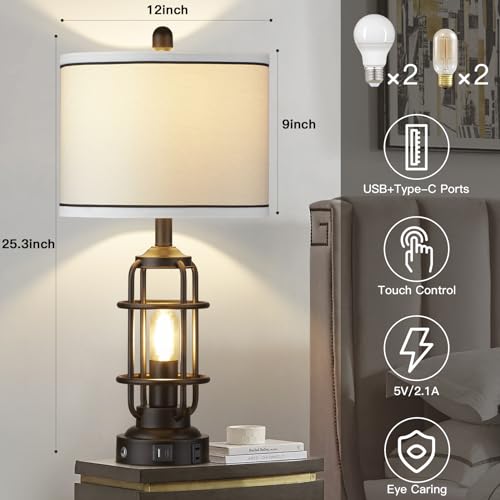 Modern Table Lamps Set of 2, Industrial 3-Way Dimmable Bedside Lamp with USB A+C Ports & AC Outlet, 25" Touch Control Nightstand Lamp LED Night Light for Living Room Bedroom Home(4 Bulbs Included) - color: Black-1