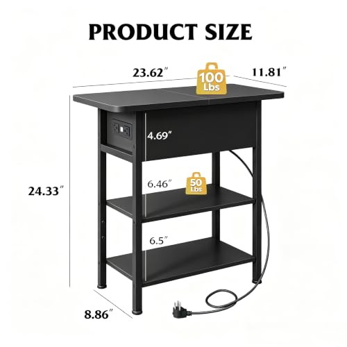 WLIVE 3-Tier End Table with Charging Station Flip Top Narrow Nightstand | 2 USB Ports+2 AC Outlets; Flip Top Hidden Storage; 2 Open Shelves; Small Space Living Room Bedroom; Sturdy Carbon Steel Frame - color: Black