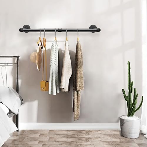 Industrial Iron Pipe Clothes Hanging Bar DIY Wall-Mounted Garment Rack Heavy Duty Clothing Rack for Bedroom, Laundry Room, Closet Storage (Black 28 inch) - color: Black, size: 28 Inch