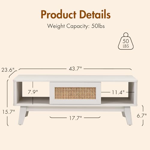 Coffee Table, Mid Century Living Room Tables with Storage, Modern Square with Rattan Drawer, Wooden Living Room Table with Solid Wood Leg - color: White