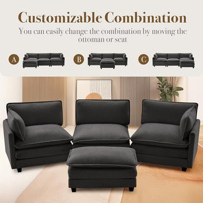 ROWHY 112'' Modular Sectional Cloud Couch with Movable Ottoman, 4 Seat Modern Chenille Sofa, Deep Seat L Shaped Couch for Living Room Bedroom Apartment, Grey | Sturdy Frame - color: Grey, size: 112''