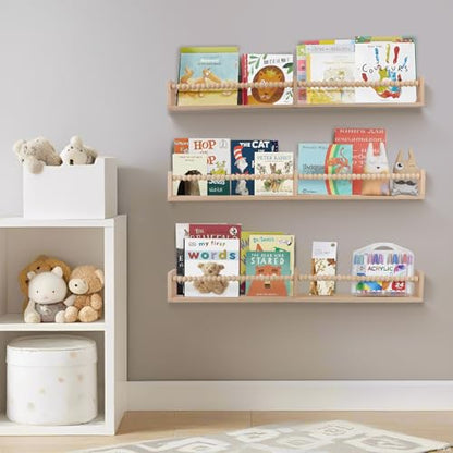 birola Nursery Shelves with Beads Design - 32 Inches Wall Book Shelves Set of 3, Space-Saving Nursery Book Shelves for Kids Room, Bedroom and Study Room(Natural)