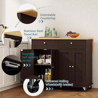 Shintenchi Kitchen Island with Drop Leaf, Rolling Kitchen Cart with Storage on Wheels, Table Bar Cart for Kitchen with Towel Rack & Seating Area for Dining Room, Brown - color: Brown