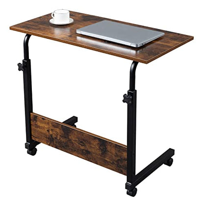 Sofa Side Table C Shaped End Table with Wheels, Rolling Bedside Laptop Table Snack Table TV Tray, Height Adjustable, Wooden Top & Metal Frame - color: Retro Brown, 31.5"