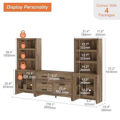 WAMPAT Farmhouse Entertainment Center with Bookshelves, TV Stand Set with Glass Doors & 6 Drawers, Wood Media Console for Living Room, Bedroom, Brown - color: Brown