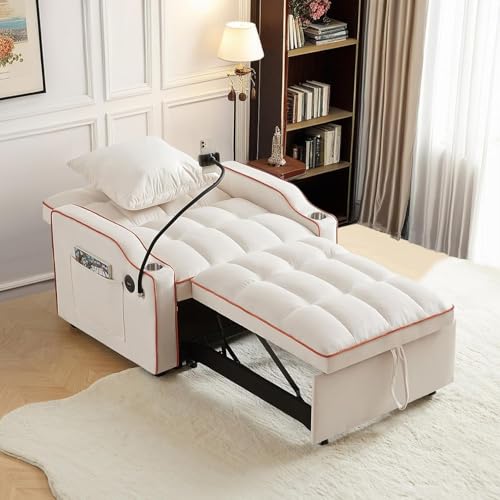 Sleeper Sofa Chair Bed 3 in 1 with Charging Ports, Phone Holder & Cup Holders - Modern Velvet Convertible Pull Out Single Sofa Bed for Small Spaces, Apartment, Dorm (Beige) - color: Beige