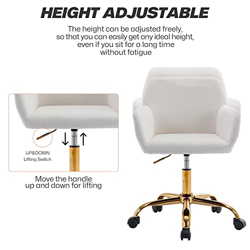 Velvet Makeup Vanity Chair,Home Office Desk Chair with Wheels, White | Fluffy Swivel Modern Armchair Upholstered Fuzzy Height Adjustable for Teens Women Girls Elegant for Living Room Bedroom - color: White+velvet