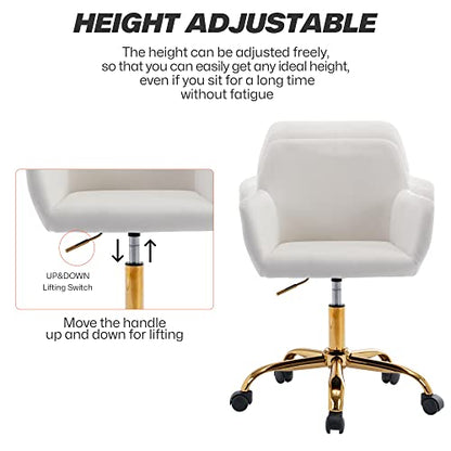 Velvet Makeup Vanity Chair,Home Office Desk Chair with Wheels, White | Fluffy Swivel Modern Armchair Upholstered Fuzzy Height Adjustable for Teens Women Girls Elegant for Living Room Bedroom - color: White+velvet