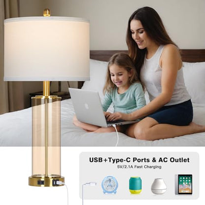 Ruzectt 26" Glass Table Lamp Single, 3-Way Dimmable Touch Control Living Room Lamp with USB C+A Ports & AC Outlet, Modern Bedside Lamps, Bedroom Lamps for Nightstand Side End Table Desk, Brown-1PK - color: Brown-1PK