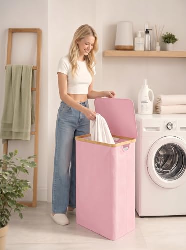 IEGrow Laundry Hamper with Lid,110L Laundry Basket with Mesh Bags,Pink | Dirty Clothes Hamper Basket with Bamboo Handle for Clothes Towels - color: Pink, size: 110L