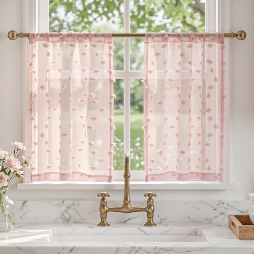 MYSKY HOME Pink Sheer Curtains for Girls with Pom Pom 36Wx45L,2 Panels | Light Filtering,Aesthetic Dusty Rose Drapes with Design for Bedroom Living Room,for Girls Nursery Kids Room Decor,Rod Pocket - color: 1-dusty Pink, size: 36"W x 45"L (Pack of 2)