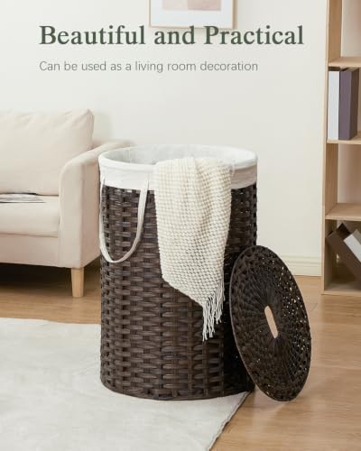 SETVSON Large Laundry Hamper Laundry Basket, Round PE Rattan, Brown | 130L Extra Large Handwoven Basket, Open Top, Removable Washable Liner Bag, 2 Mesh Laundry Bags, Side Long Handles - color: Brown, size: 130 L