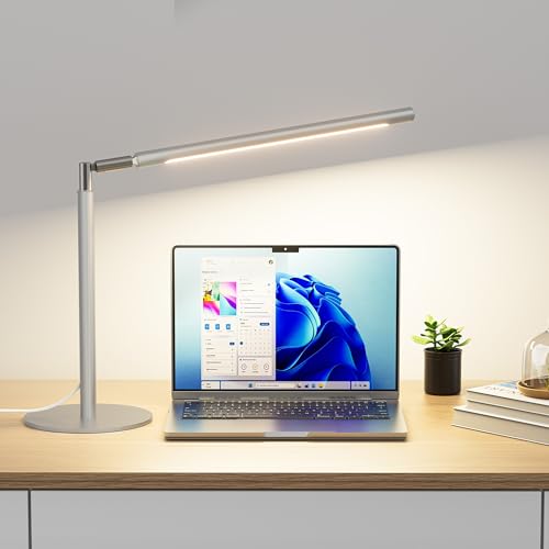 Silver LED Desk Lamp, 16" Dimmable Metal Desk Light with Base, 15W 1200LM, Adapter Included, Color & Brightness Adjustable, Modern Tall Table Lamp for Home Office Reading Study Task Laptop - color: Silver