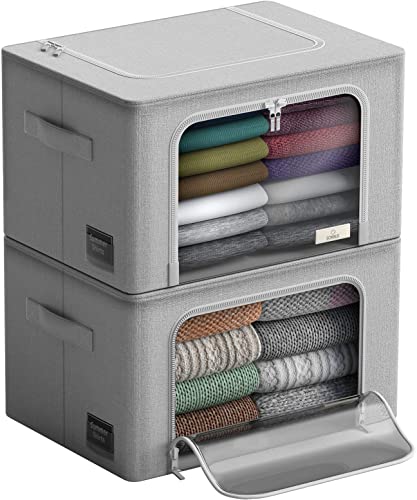 Storage Bins with Metal Frame - Stackable & Foldable Clothes Organizer Bags - Oxford Fabric Storage Containers with Large Clear Window & Carry Handles, Organization for Bedding, Linen, Clothes & More - color: Gray, size: 2 Pack