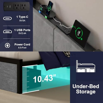 J.Fkne Queen Bed Frame with Charging Station and LED Lights, Metal Platform Bed with 2 Storage Drawers, Upholstered Headboard, Noise Free, No Box Spring Needed, Easy Assembly