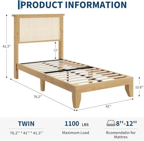 GAOMON Twin Size Wood Bed Frame with LED Light and Rattan Headboard | Solid Wood Leg, Under Bed Storage, Boho Style Platform Bed - size: Twin