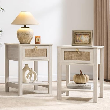 SICOTAS White Rattan Nightstand Set of 2 with Storage Shelf, Bedside Tables | Night Stand Set of 2 with Rattan Drawer, Boho End Tables with Storage for Bedroom, Guest Room, Apartment, and Small Spaces - color: White Cream