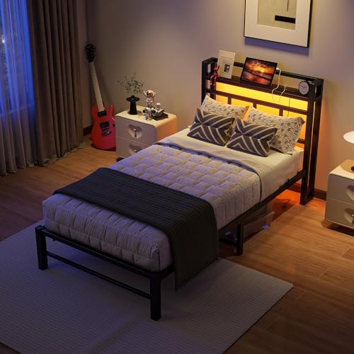 Twin Bed Frame with Headboard,Single Bed Frame with Charging Station and LED Lights,Metal Platform Bed Twin Sizes,No Box Spring Needed,Easy Assembly,Black (Black, Twin) - size: Twin, style: Modern Twin