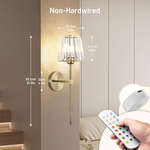 Crystal Battery Operated Wall Sconces Set of 2, Brass Rechargeable Wireless Wall Lights with Crystal Lampshade, 12 RGB and 3CCT Dimmable Wall Lamp with Remote for Bedroom Living Room Hallway - color: Brass