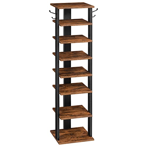 HOOBRO 8 Tiers Vertical Shoe Rack, Wooden Shoe Storage Organizer with Hooks, Narrow Shoe Tower for 8 Pairs, Space Saving, for Entryway, Living Room, Bedroom, Rustic Brown BF07XJ01G1 - color: Rustic Brown, size: 8 Tier (11"W)