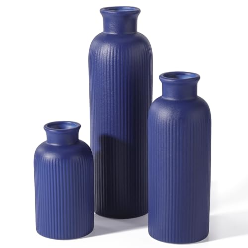 Small Navy Blue Ceramic Vase Set of 3, Boho Modern Navy Blue Flower Vase Room Decor, Farmhouse Decor, Vases for Your Kitchen, Bathroom, Bedroom, Living Room, Office&Shelf Centerpiece Table Decorations - color: Navy Blue