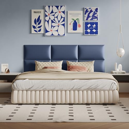 Blue Wall-Mounted Upholstered Headboard Panels, 24x12 Inches, Set of 6, Faux Leather, DIY Peel-and-Stick, Soundproof and Impact-Resistant Padding for Queen, King, or Adjustable Beds, Modern Décor - color: Leather-blue