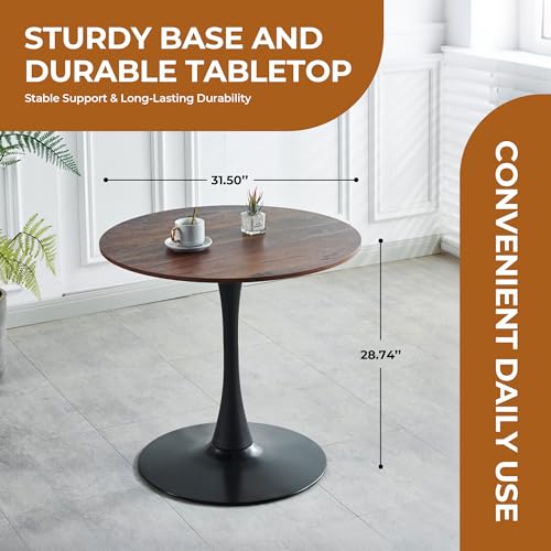 31.5 Inch Round Tulip Dining Table, Dark Walnut MDF Top with Black Pedestal Base, Mid-Century Modern Kitchen Table for 2, Apartment and Breakfast Nook - color: Black and Dark Walnut