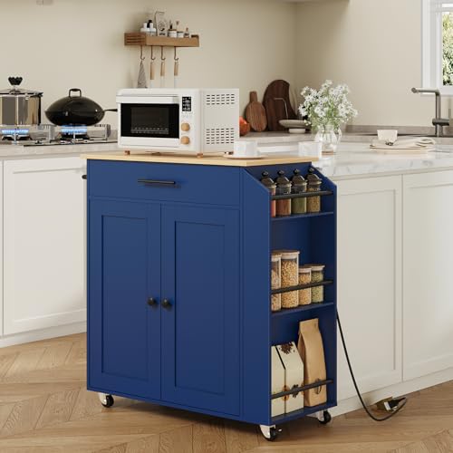 HOOBRO Kitchen Island with Power Outlet, Kitchen Storage Island with Spice Rack and Drawer, Rolling Kitchen on Wheels, for Home, Dining Room, Natural and Blue UN82UZD01G1 - color: Natural + Blue