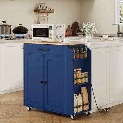 HOOBRO Kitchen Island with Power Outlet, Kitchen Storage Island with Spice Rack and Drawer, Rolling Kitchen on Wheels, for Home, Dining Room, Natural and Blue UN82UZD01G1 - color: Natural + Blue