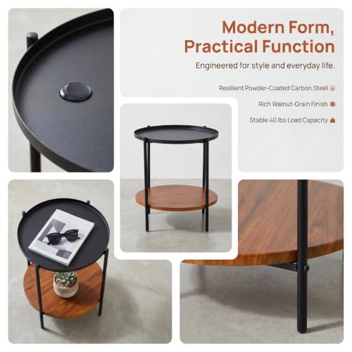 Round End Table with 2 Tier Storage, Modern Side Table with Wood Grain Lower Shelf and Durable Metal Frame, Small Accent Table for Sofa, Bedroom, Living Room, Apartment and Office