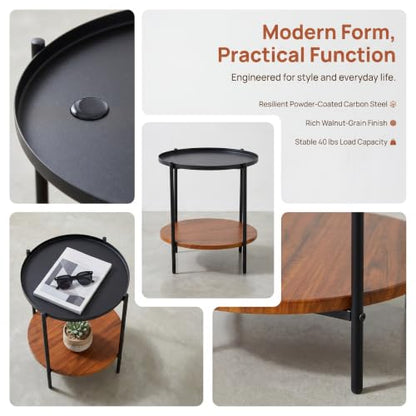 Round End Table with 2 Tier Storage, Modern Side Table with Wood Grain Lower Shelf and Durable Metal Frame, Small Accent Table for Sofa, Bedroom, Living Room, Apartment and Office