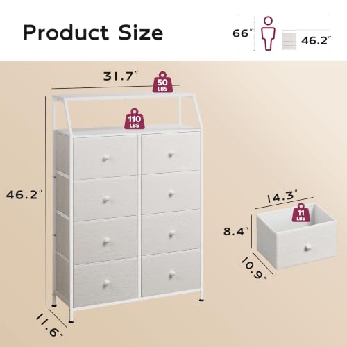WLIVE Cream Boucle 8-Drawer Fabric Dresser Storage Tower Bedroom | Boucle fabric 8-drawer dresser with open shelves, stylish nursery dresser for baby girl room kids bedroom closet storage - color: Cream White, style: Raised Shelves