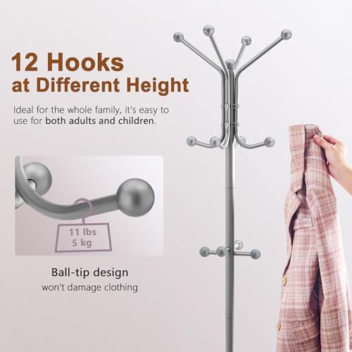 Hoctieon Coat Rack Freestanding, Coat Tree with Umbrella Holder | Metal Coat Rack Stand with 12 Hooks, Standing Coat Hanger Stand, Umbrella Stand for Entryway, Hat Rack Stand for Home Office - color: Gray