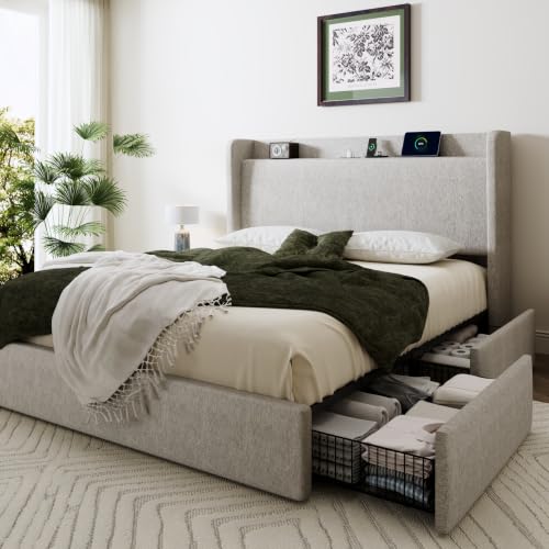 SHA CERLIN Full Size Storage Bed Frame with 4 Oversized Drawers, Modern Wingback Headboard with Storage Shelf & Charging Station, No Box Spring Needed, Easy Assembly, Light Beige - color: Light Beige, size: Full