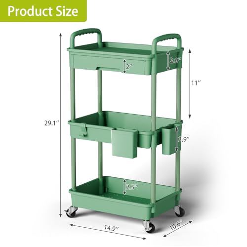 Sorgion 3 Tier Rolling Cart Organizer,Laundry Room Bathroom Organizers and Storage Office Shelves Mobile Shelving Unit Kitchen Trolley Cart with Wheels for Art,Craft,Diaper,Bedside,Snack(Green) - size: 3Tier-Green