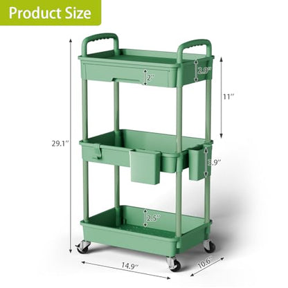 Sorgion 3 Tier Rolling Cart Organizer,Laundry Room Bathroom Organizers and Storage Office Shelves Mobile Shelving Unit Kitchen Trolley Cart with Wheels for Art,Craft,Diaper,Bedside,Snack(Green) - size: 3Tier-Green