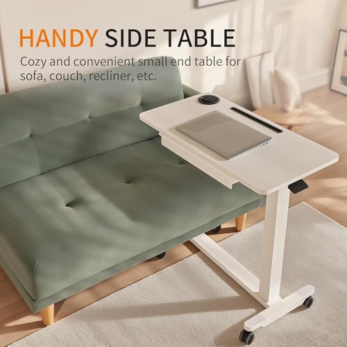 Adjustable Hospital Overbed Table with Drawer, Wheels, Cup Holder | Adjustable Height Rolling Laptop Over Bed Desk, Portable Medical Bedside Tray with Storage, Slot, Pneumatic Home Cart| White - color: White