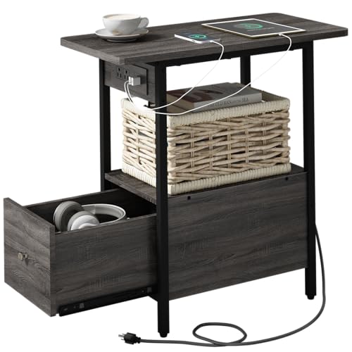 LIDYUK End Table with Charging Station, Narrow Side Table with Drawer | Equipped with USB Ports & Power Outlets, Nightstand Bedside Tables for Small Spaces, Bedroom, Living Room, Dark Grey - color: Dark Grey, size: Pack of 1