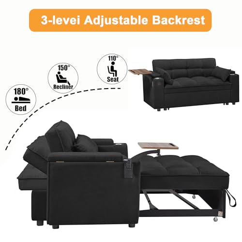 66" Multi-Functional Pull-Out Sofa Bed with Hidden Side Table, Storage Armrests, Built-in Charging Port, Spring Mattress, Solid Wood Frame – Ideal for Small Spaces, Easy Assembly - color: Fashion White
