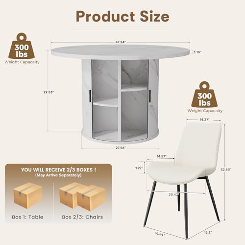 3-Piece Round Dining Table Set for 2, 47-Inch Modern Faux Marble Dining Table with Half-Open Storage Shelf, Upholstered Dining Chairs with Thick Cushions (White Faux Marble Table + 2 Beige Chairs) - color: White Faux Marble Table + 2 Beige Chairs-196, siz